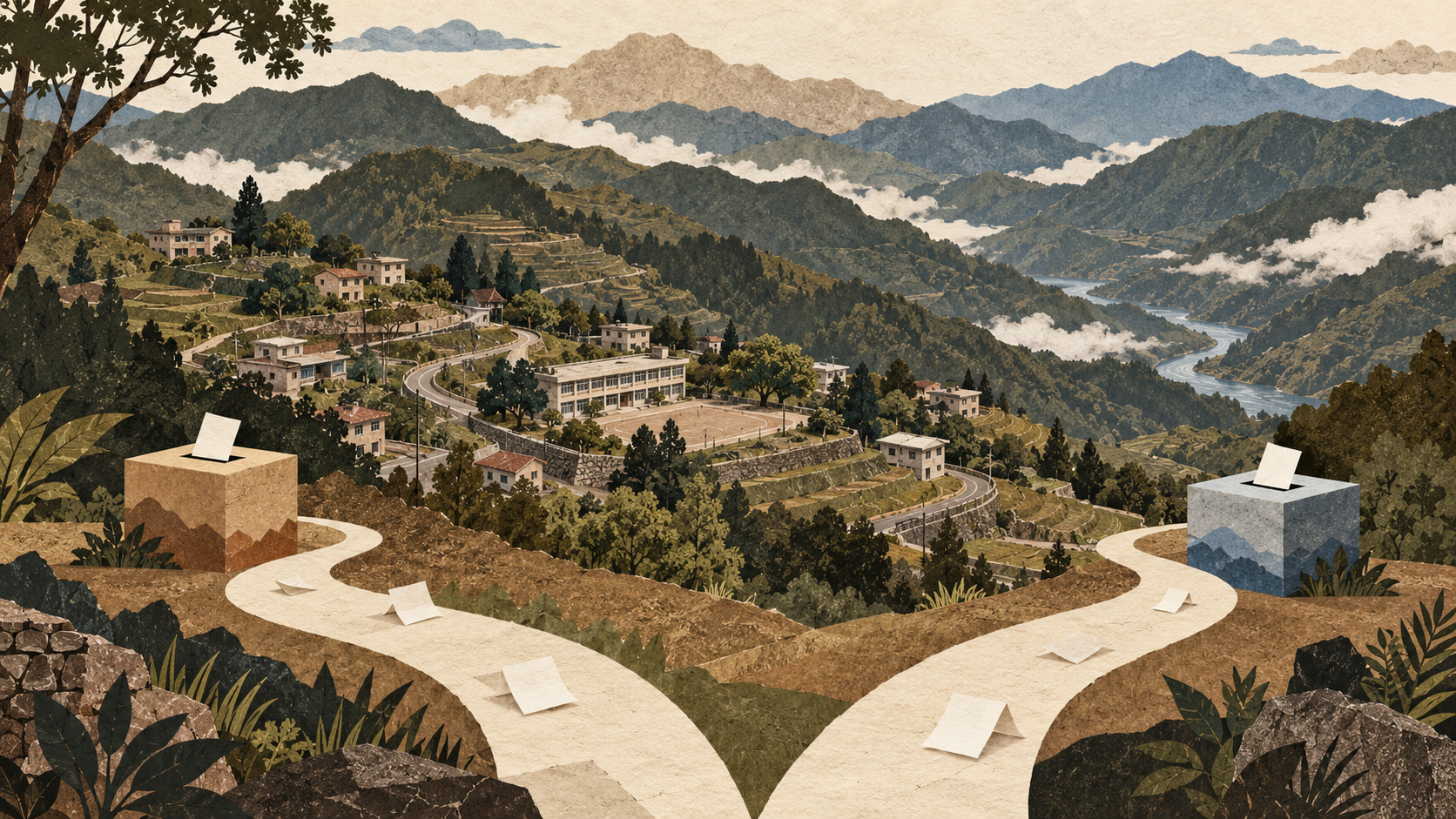 山間聚落與選票的棕色紙雕插畫