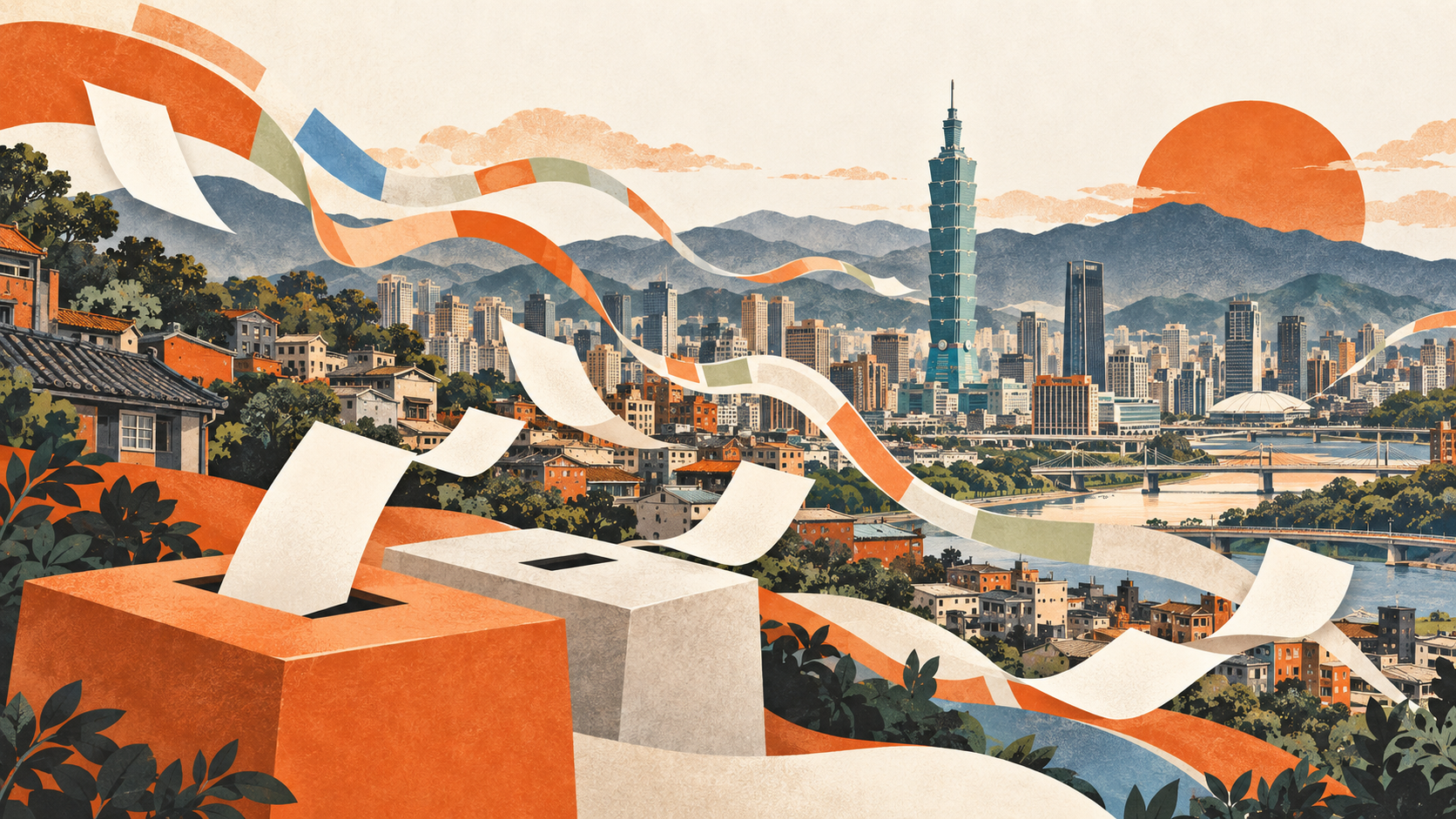 台北城市與投票箱的橘色概念插畫